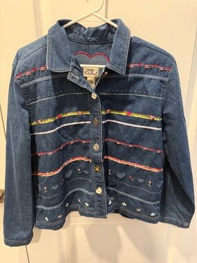 Koret Dark Blue Denim Jacket with Red, Pink, Yellow and Cream Embroidery